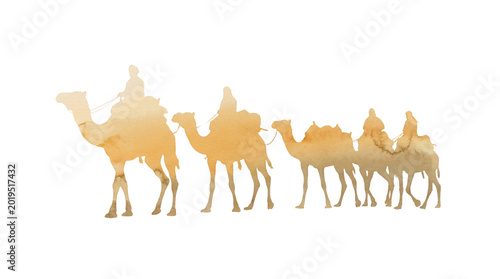 Canvas Print Camel Caravan Silhouette, Isolated on Transparent Background, Warm Orange Waterc