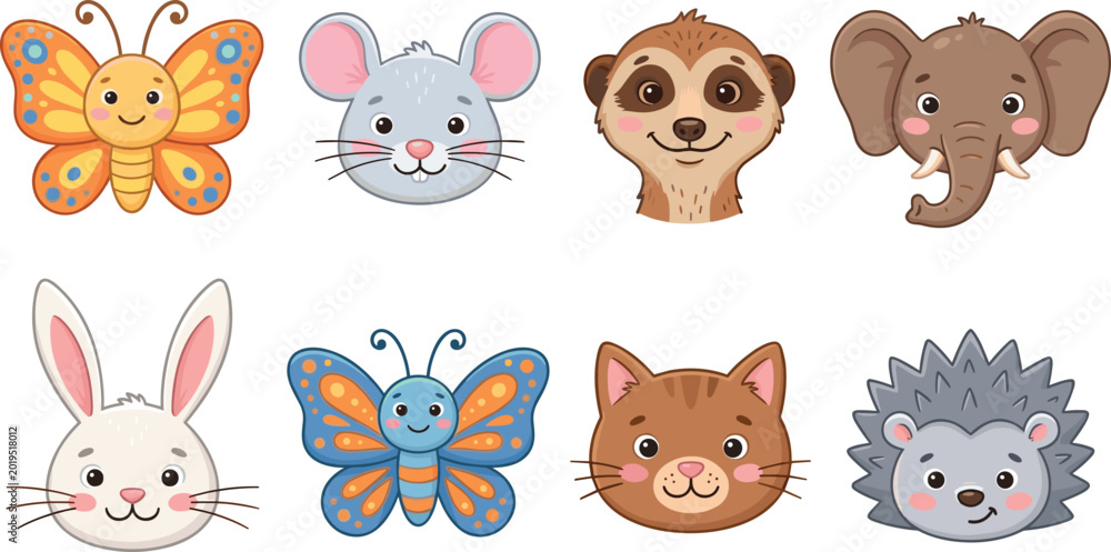 Fototapeta premium Cute Animal Face Cartoon Icon Set Featuring Butterfly Mouse Sloth Elephant Rabbit Cat and Hedgehog for Kids Design Projects