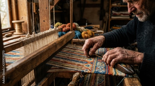 Traditional Weaver Working on a Handloom with Colorful Threads