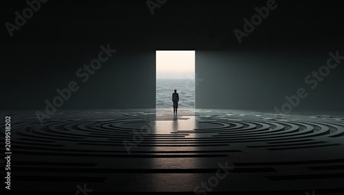 Solitary figure at doorway to vast ocean, intricate floor pattern