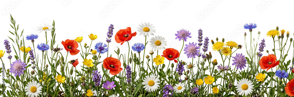 Fototapeta premium Wildflower meadow border with poppies and daisies on transparent background