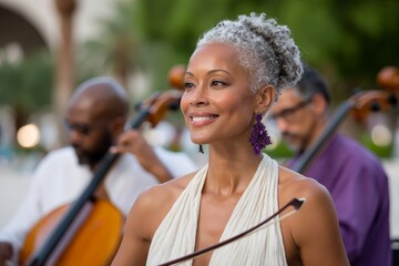 Smiling female conductor leading community orchestra rehearsal before juneteenth celebration for poster and event banner design