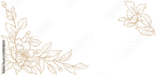 Luxury floral line art background with golden hand drawn flowers. Vector design with a bouquet of flowers, branches, leaves for card, business card, flyer, banner, wedding invitation, cover, wallpaper