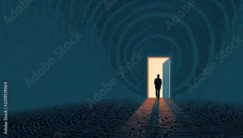 Silhouette walks towards bright doorway amidst a dark, swirling vortex and fingerprint-textured ground