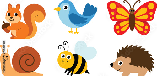 Cuadro en lienzo Cute Forest and Garden Animal Vector Set with Squirrel Blue Bird Butterfly Snail