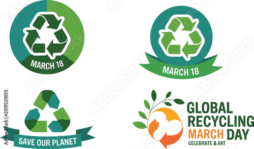 Tableau sur toile Global Recycling Day March 18 Vector Icon Set with Sustainable Green Symbols Sav