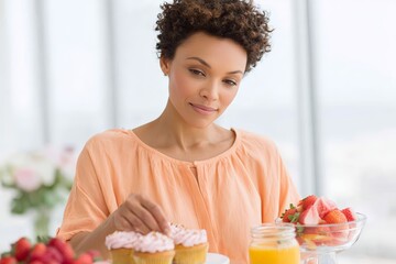 Smiling woman arranging cupcake display for juneteenth celebration with fruit and drinks for party background and banner design