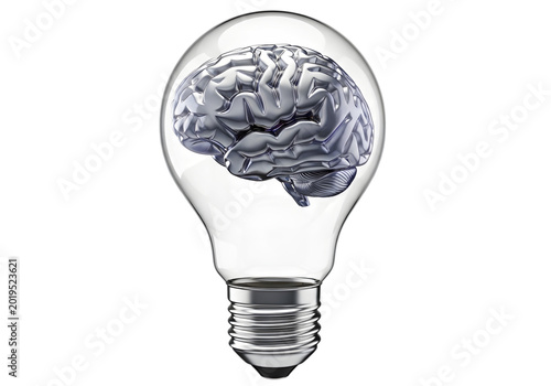 Lightbulb with brain illustration inside isolated on transparent background, isolated on white background