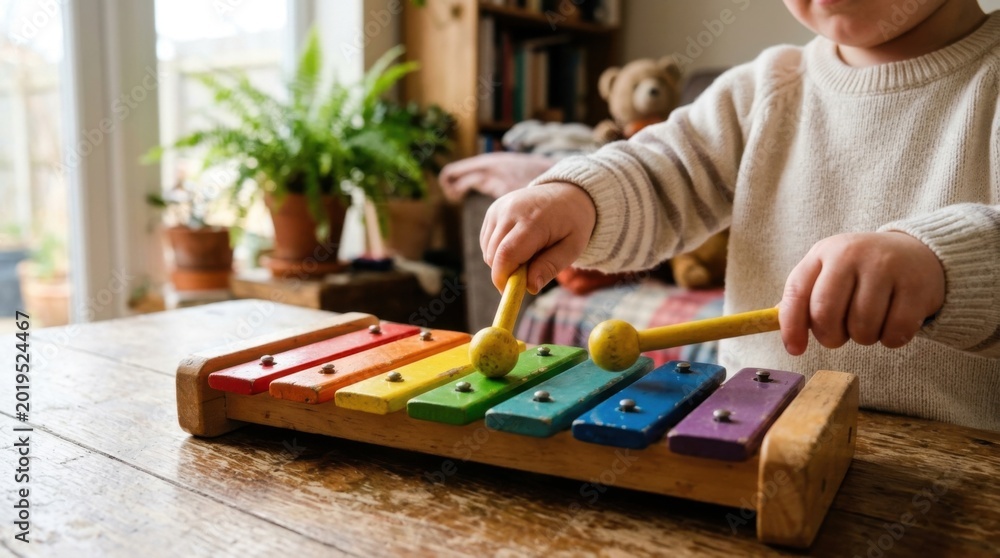 Fototapeta premium Close-up of Child Hands Playing Colorful Toy Xylophone