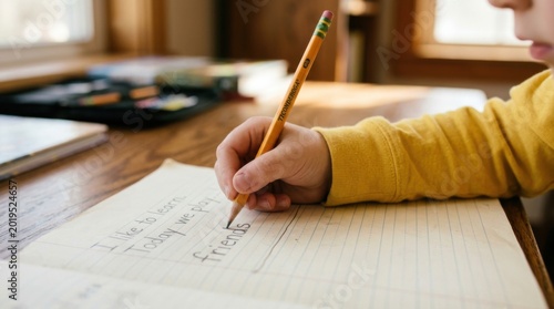 Child Hand Writing with Pencil on Paper at Desk