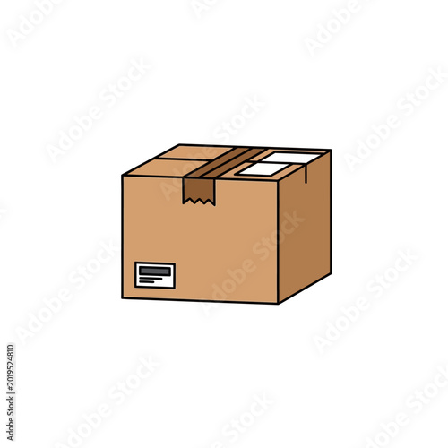 Brown cardboard shipping box with tape and label, isolated on white background