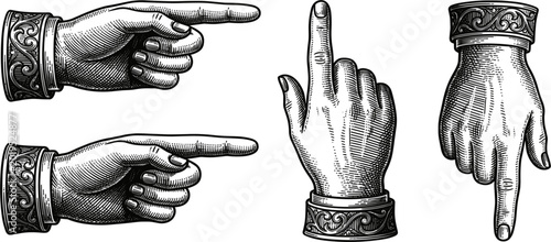 Bild auf Leinwand Vintage Engraved Human Hands Vector Collection Featuring Detailed Pointing Gestu