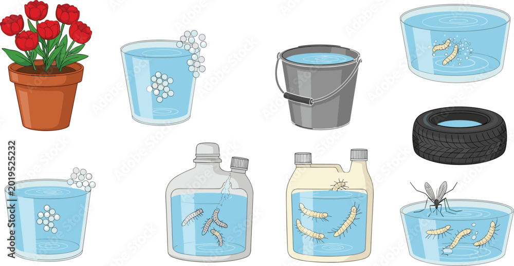 Εκτύπωση καμβά Mosquito breeding places element set showing stagnant water risk sources in hous