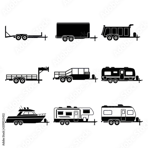 Obraz na plátně Collection of Trailer Icons: RVs, Boats, Cargo, and Utility Trailers