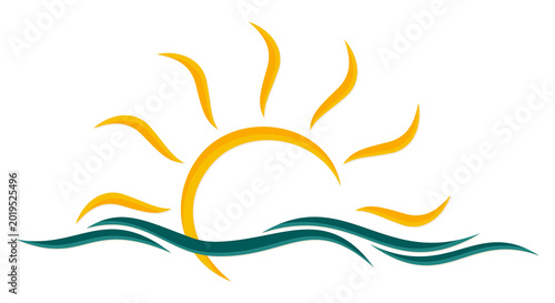 A symbol of dawn of the sun with a blue wave.