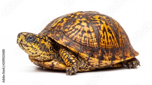 Detailed studio photo of an eastern box turtle standing alone in a bright clean on white background