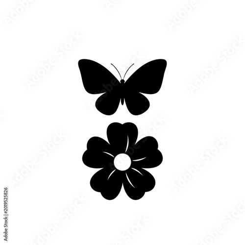 Black butterfly silhouette above a stylized flower icon on white background
