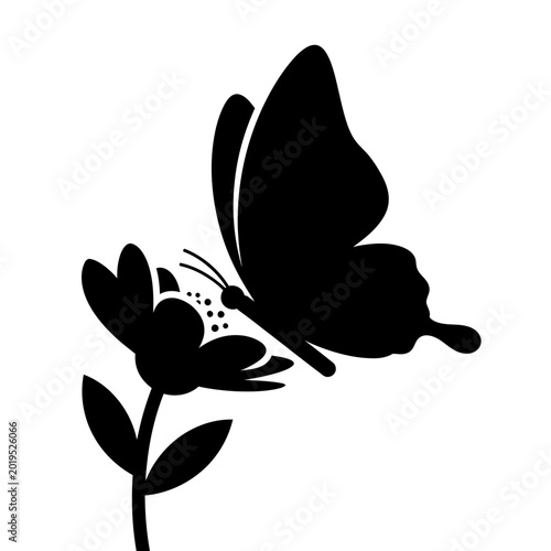 Black Silhouette Butterfly on Flower Icon, Isolated Vector Art