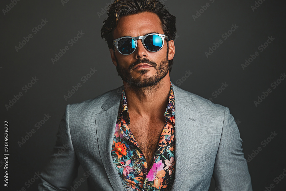 Obraz premium A stylish man wears a grey suit, floral shirt, and mirrored sunglasses in a clean portrait. Modern menswear, confidence, and editorial fashion define the polished look.