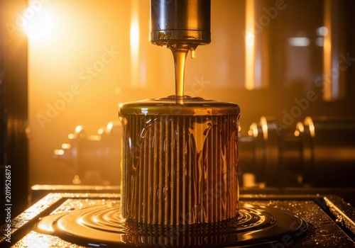 Golden liquid pouring into ornate baptismal font