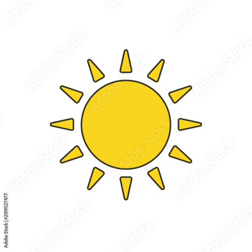 Bright Yellow Sun Icon with Rays on White Background