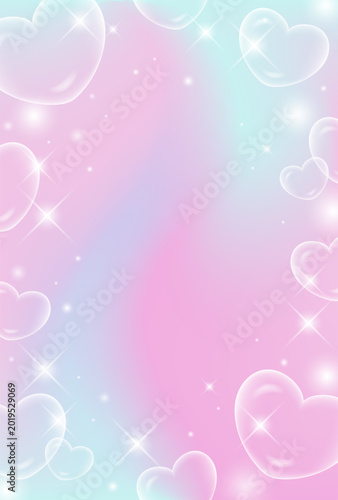 dreamy pastel gradient vector background with holographic heart shaped bubbles and sparkling glitter