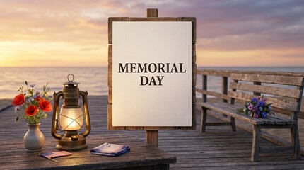 Memorial Day remembrance on a serene pier at sunset with flowers and a lantern.