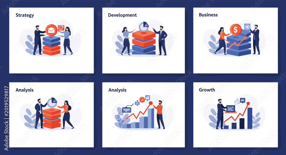 Fototapeta premium Collection of six business presentation slides featuring diverse teams working on strategy, development, analysis, and growth.