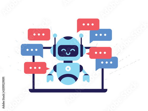Chatbot icon on laptop computer screen, robot with speech bubbles, talking virtual assistant, communication.
