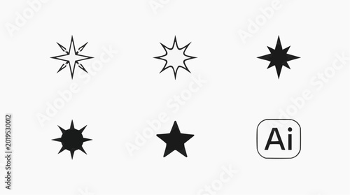 Minimalist black star and sparkle vector icon set for graphic design projects