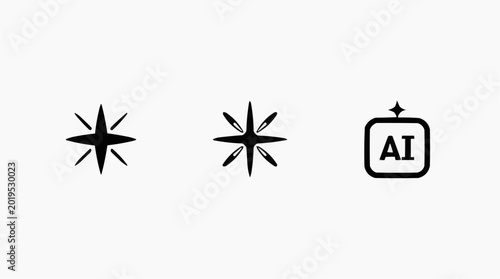 Minimalist black star and sparkle vector icon set for graphic design projects