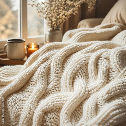 Chunky Knit Blanket with Candle and Flowers  