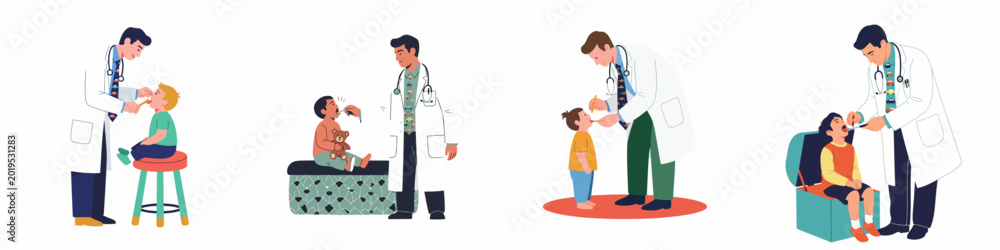 Fototapeta premium Set of vector illustrations depicting male pediatricians examining young children's throats with tongue depressors during medical checkups in a healthcare clinic.