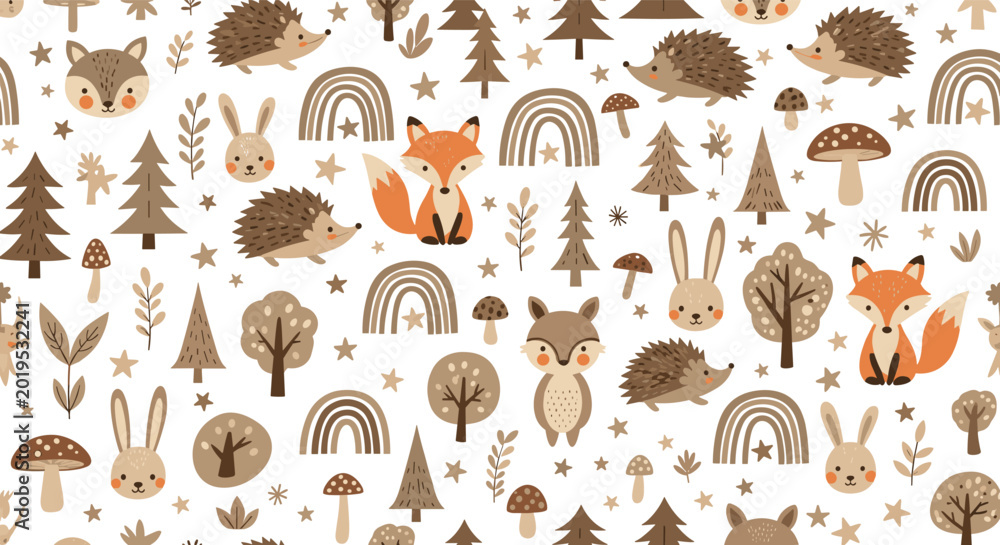 Fototapeta premium Cute woodland animal pattern for children featuring foxes, rabbits, hedgehogs, and forest trees with mushrooms.