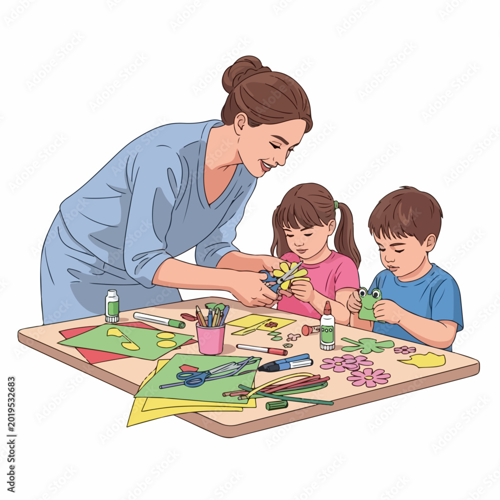 Fototapeta premium Children crafting with adult guidance using colorful paper and glue on wooden table. Creative kids activity with floral decorations and art supplies. Educational illustration for parenting resources.