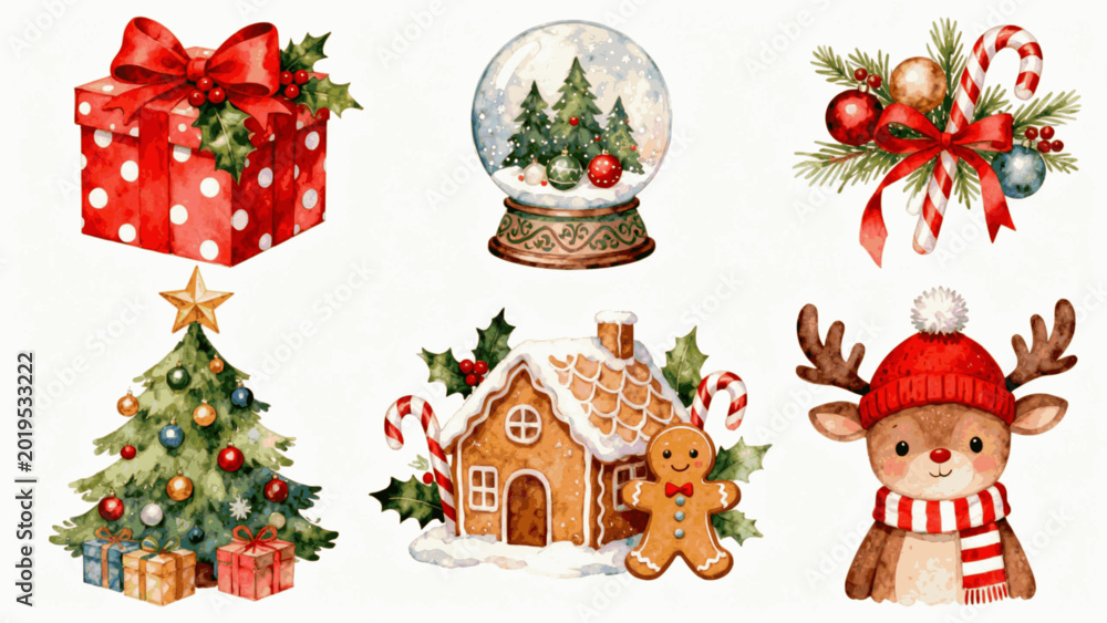 Fototapeta premium Lovely Holiday Cute Christmas Collection isolated watercolor vector illustration svg
