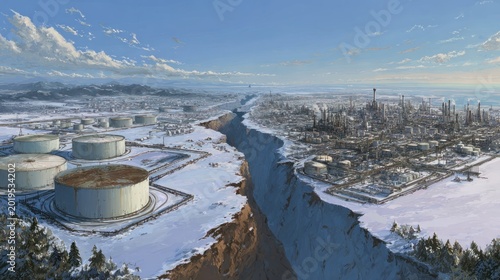 Industrial city and large land area with nuclear power plant and urban skyline in winter