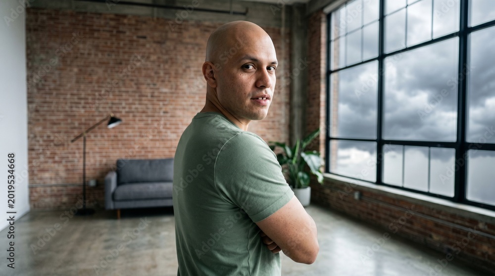 Fototapeta premium Bald Hispanic man standing with arms crossed looking back in modern industrial loft