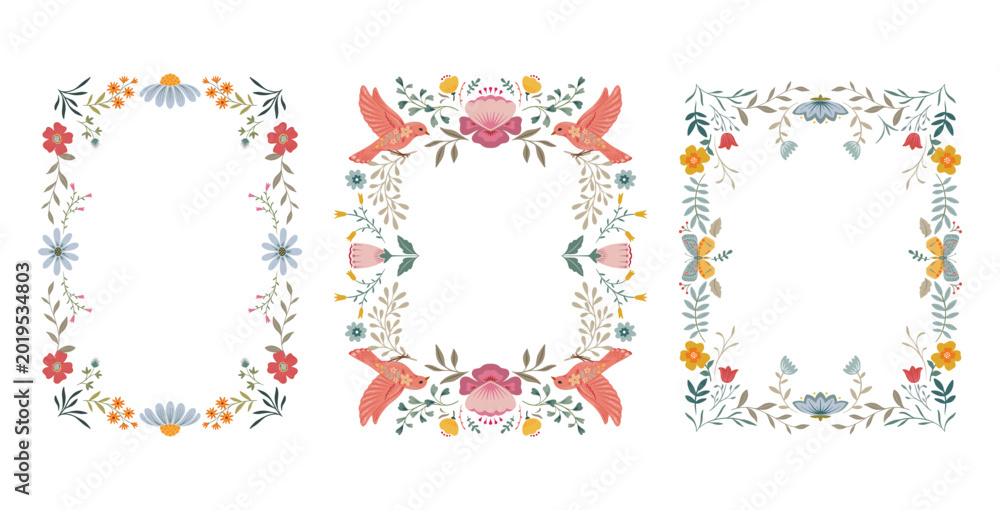 Fototapeta premium Set of Christmas folk art floral frames. Winter Scandinavian Nordic wreath. Holiday flower and greenery leaves, fir tree branches border. Vector illustration