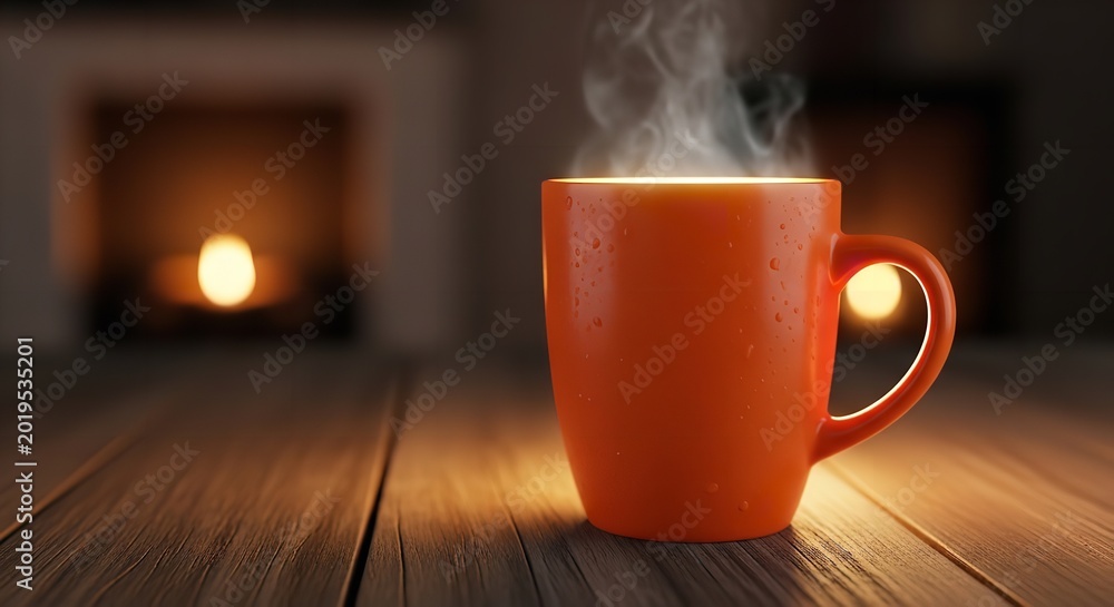 Fototapeta premium Steaming coffee mug on wooden table with fireplace in background