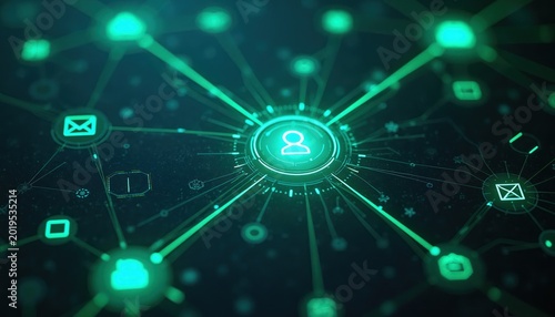 Digital network connects user profiles mail cloud icons. Futuristic glowing system shows data nodes and connections. AI technology interface with information flow and analytics.