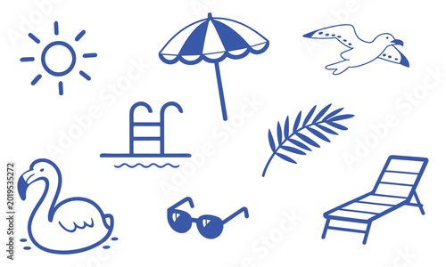 Summer Beach and Pool Doodle Icons Vector Set