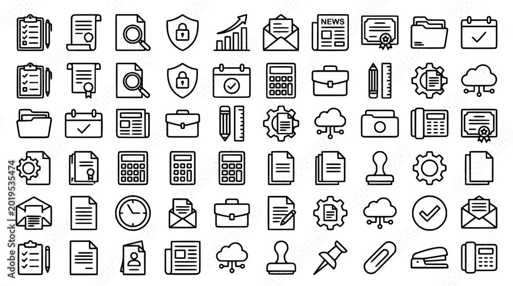 Fototapeta premium A collection of various office and business icons on a white background