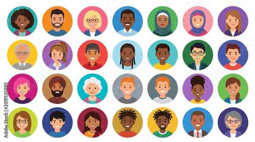 Diverse Group of People Avatars in Circles.
