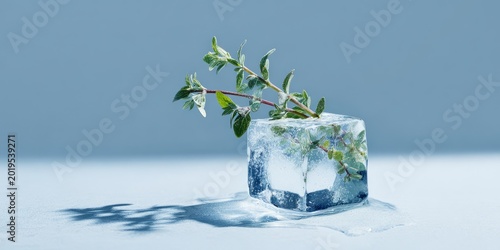 Herb branch frozen in ice cube minimal blue background