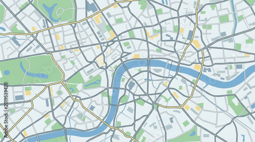 Detailed London City Map with River Thames and Transportation Lines.