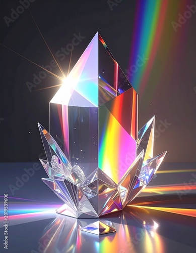 Abstract crystal prism surfaces reflecting rainbow light spectrum, sharp futuristic geometric edges, transparent facets, holographic reflections, bright luminance contrast, angular shards,.