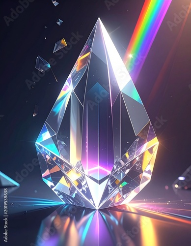 Abstract crystal prism surfaces reflecting rainbow light spectrum, sharp futuristic geometric edges, transparent facets, holographic reflections, bright luminance contrast, angular shards,.
