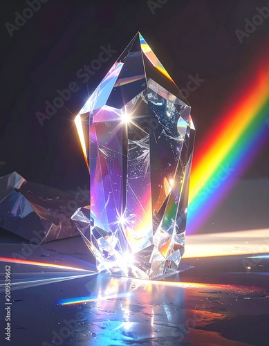 Abstract crystal prism surfaces reflecting rainbow light spectrum, sharp futuristic geometric edges, transparent facets, holographic reflections, bright luminance contrast, angular shards,.