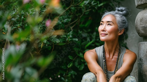 A serene middle aged asian woman with grey hair sits peacefully in a garden during a calm bright sunny day